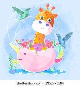 cute giraffe in the unicorn tea cup. Can be used for kids/babies shirt design, fashion print design,t-shirt, kids wear,textile design,celebration card/ greeting card, invitation card - Vector