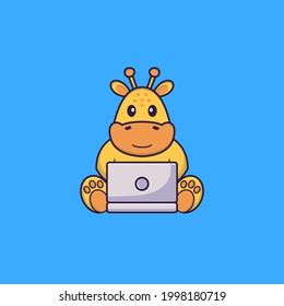 Cute giraffe using laptop. Animal cartoon concept isolated. Can used for t-shirt, greeting card, invitation card or mascot.