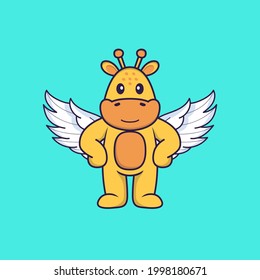 Cute giraffe using wings. Animal cartoon concept isolated. Can used for t-shirt, greeting card, invitation card or mascot.