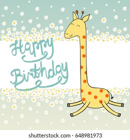 Cute giraffe in vector. Greeting card for birthday.