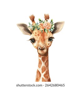 Cute giraffe vector illustration. Adorable safari animal in delicate floral wreath perfect for children's designs, nursery decor. A charming giraffe with expressive eyes.