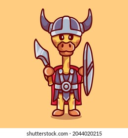 cute giraffe viking with ax and shield, suitable for t-shirt design or viking animal mascot