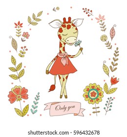 Cute giraffe with vintage frame for your design in doodle style. Cartoon illustration for wedding invitations and romantic cards, birthday and other holiday.
