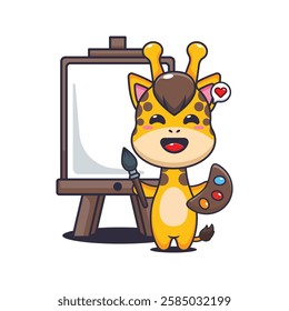 Cute giraffe wants to paint on canvas cartoon vector illustration. vector cartoon illustration suitable for poster, brochure, web, mascot, sticker, logo and icon.