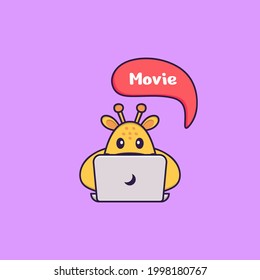 Cute giraffe is watching a movie. Animal cartoon concept isolated. Can used for t-shirt, greeting card, invitation card or mascot.