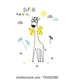 cute giraffe wearing bow and glasses, simple linear drawing, design for kids
