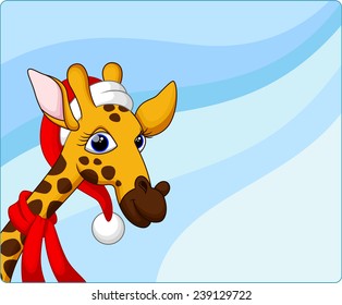 Cute giraffe wearing a Christmas hat with a blue background