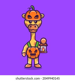 cute giraffe wearing halloween pumpkin costume, suitable for Halloween t-shirt designs or cute halloween animal mascots