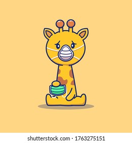 Cute Giraffe Wearing Mask Cartoon Vector Icon Illustration. Animal And Health Icon Concept Isolated Premium Vector. Flat Cartoon Style