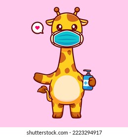 Cute Giraffe Wearing Medical Mask With Hand Sanitizer Cartoon Vector Icon Illustration. Animal Healthy Icon Concept Isolated Premium Vector. Flat Cartoon Style