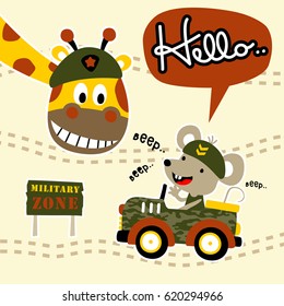 Cute giraffe wearing military beret, little mouse driving military car, vector cartoon illustration
