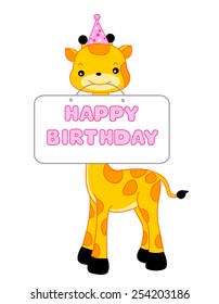 Cute giraffe wearing a party hat and holding a happy birthday notice, Birthday card specially for small kids