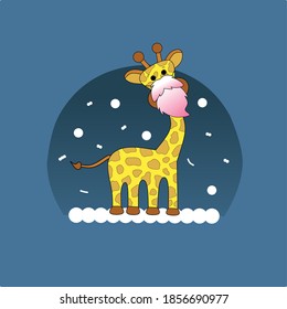 Cute giraffe wearing Santa beard cartoon illustration. The animal in the winter theme vector