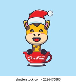 Cute giraffe wearing santa hat in cup. Cute christmas cartoon illustration. 