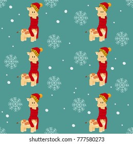 Cute giraffe in winter hat and scarf in snow seamless pattern