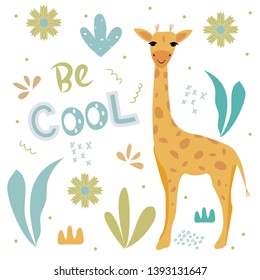 Cute giraffe and the words on the background with tropical plants. Vector design.