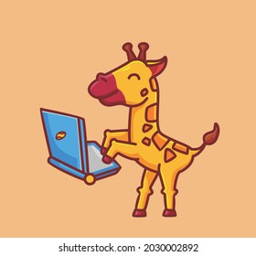 cute giraffe work on laptop. cartoon animal science technology concept Isolated illustration. Flat Style suitable for Sticker IconDesign Premium Logo vector. Mascot Character