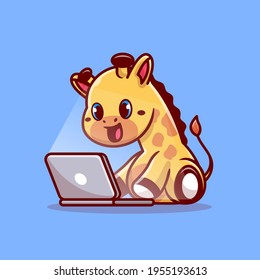 Cute Giraffe Working on Laptop Cartoon Vector Icon Illustration. Animal Technology Icon Concept Isolated Premium Vector. Flat Cartoon Style