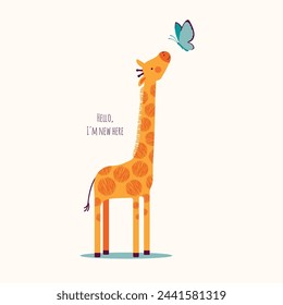 Cute giraffes and  butterfly. Children's background with cartoon character.Hello! Vectorgraphic