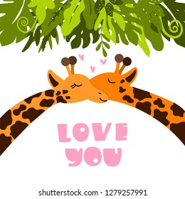 Cute giraffes cuddle under tropical leaves. Happy valentines day. Vector illustration. 