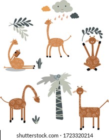 Cute giraffes in different poses. Vector set of  cartoon giraffes  African animals.