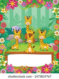 cute giraffes with flowers and wood blank sign in the forest. vector