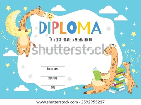cute giraffes, funny, boy, turquoise diploma, giraffe on the moon, holiday, birthday, bird, sky, clouds, spring, giraffes reading books, little giraffe, read, teach reading, reading, reward a child
