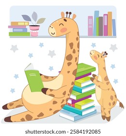 cute giraffes, giraffe and baby, little giraffe, schoolboy, library, giraffes read, books, reads a fairy tale, interesting, plot, many books, stack of books, little giraffe, listen to a fairy tale