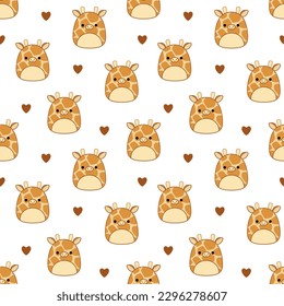 Cute giraffes and hearts on seamless pattern. Squishmallow. Background with giraffe. Kawaii, vector. Isolated vector illustration eps 10