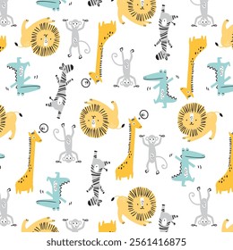 Cute Giraffes, lions, monkeys, zebras, crocodiles pattern