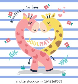 Cute giraffes in love on striped background illustration vector.