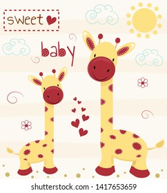 Cute giraffes on a postcard with the inscription. Colorful cute background vector, good for printing. 