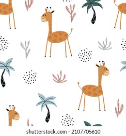 Cute giraffes and palm trees seamless pattern. Children funny jungle texture. Creative Scandinavian baby print. Vector illustration of cartoon giraffes.