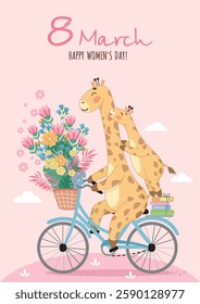 cute giraffes riding a bicycle, mother and baby, giraffe and cub, 8 march card, spring mood, women's day, warmth, woman, happy woman, bouquet of flowers, spring flowers, mother's day, mom