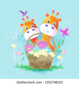 cute giraffes in the spring basket. Can be used for kids/babies shirt design, fashion print design,t-shirt, kids wear,textile design,celebration card/ greeting card, invitation card - Vector