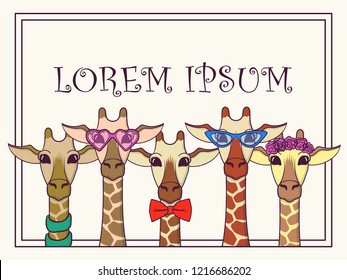 Cute Giraffes with trendy accessories - glasses, bow-tie, flowers, scarf. Print for card, poster. Vector illustration
