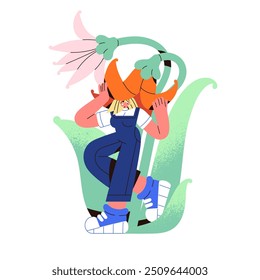 Cute girl with abstract big flower. Tiny woman hides in bud of wildflower. Funny character with spring blossom plant. Bloom nature, garden flora. Flat isolated vector illustration on white background