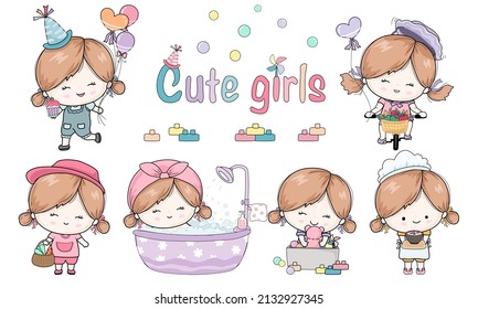 cute girl activities Designed in sweet tones Doodle style for, stickers, digital printing, t-shirt designs, baby clothes, pillows, mugs, printed fabrics, fabric patterns, etc.