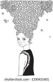 Cute girl. Adult Coloring book page. Black and white Hand-drawn vector illustration. Zentangle style.