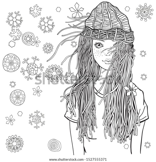 かわいい女の子 大人向け塗り絵本のページ 冬の雪片 スケッチ 手描きのベクターイラスト Zentangleスタイル のベクター画像素材 ロイヤリティフリー
