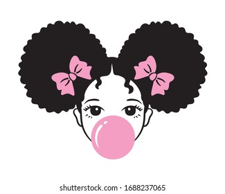 Cute girl with afro puff hair blowing bubble gum vector illustration.