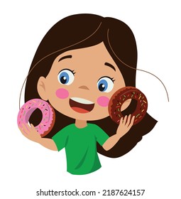 cute girl among chocolate and strawberry donut option