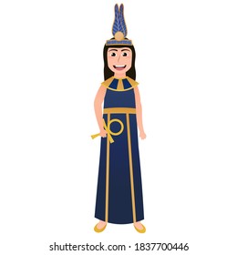 Cute girl in ancient egyptian attire, mythological godness costume, vector illustration in cartoon style for infographics, cleopatra clothes