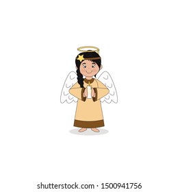 Cute girl angel with candle icon on isolated background. Christmas character design . Vector cartoon illustration of little angel with white wings.