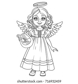 Cute girl in angel costume outlined for coloring page