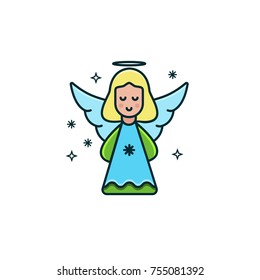 Cute girl angel flat color line icon on isolated background. Christmas character design in trendy minimal design. Vector illustration of little angel with blonde hair and halo, blue wings and dress.