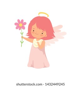 Cute Girl Angel with Nimbus and Wings Standing with Flowers, Lovely Baby Cartoon Character in Cupid or Cherub Costume Vector Illustration