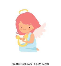 Cute Girl Angel with Nimbus and Wings Playing Harp, Lovely Baby Cartoon Character in Cupid or Cherub Costume Vector Illustration