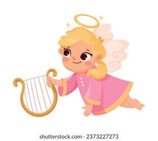 Cute Girl Angel with Wings and Nimbus Flying with Harp Vector Illustration