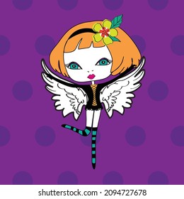 Cute girl with angel wings vector illustration. Angel girl cartoon.